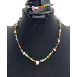 Genuine Pearl Beaded Necklace & Bracelet Set Multicolor 14”L, 7”L